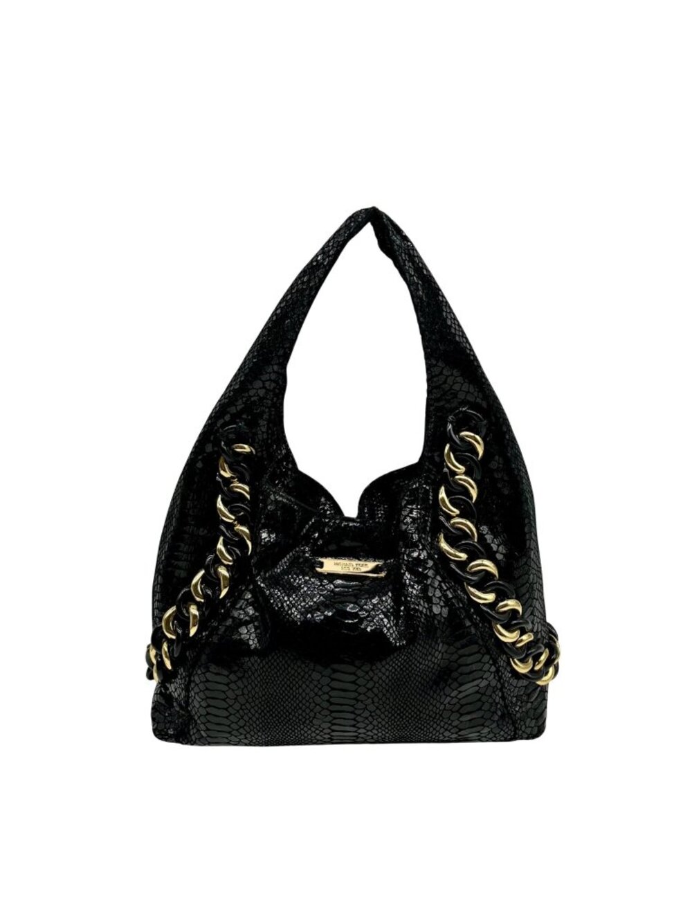 Michael Kors Black Python Embossed Leather Suede ID Chain Hobo Bag